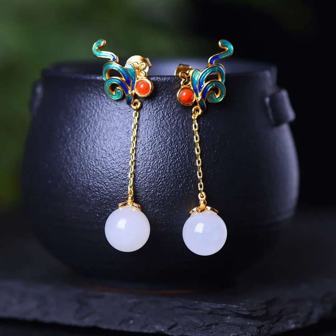 S925 Sterling Silver Antique Eardrops Chinese Style Super Fairy Court Style Natural Hetian Jade Earrings Retro Ethnic Style