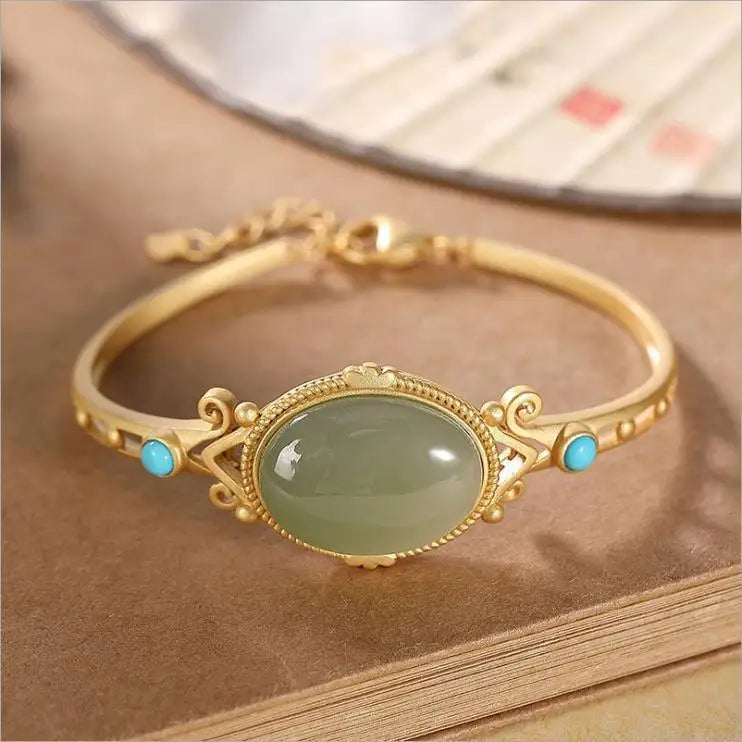 Sapphire Sterling Silver Gold-Plated Bracelet Oval Hetian Jade Turquoise Opening Bracelet Women's Palace Style Gold Bracelet