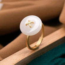 Load image into Gallery viewer, S925 Sterling Silver Gold-Plated Natural Hetian Jade White Jade Peace Buckle Ring Girls Fashion Personality Simple Opening Ring
