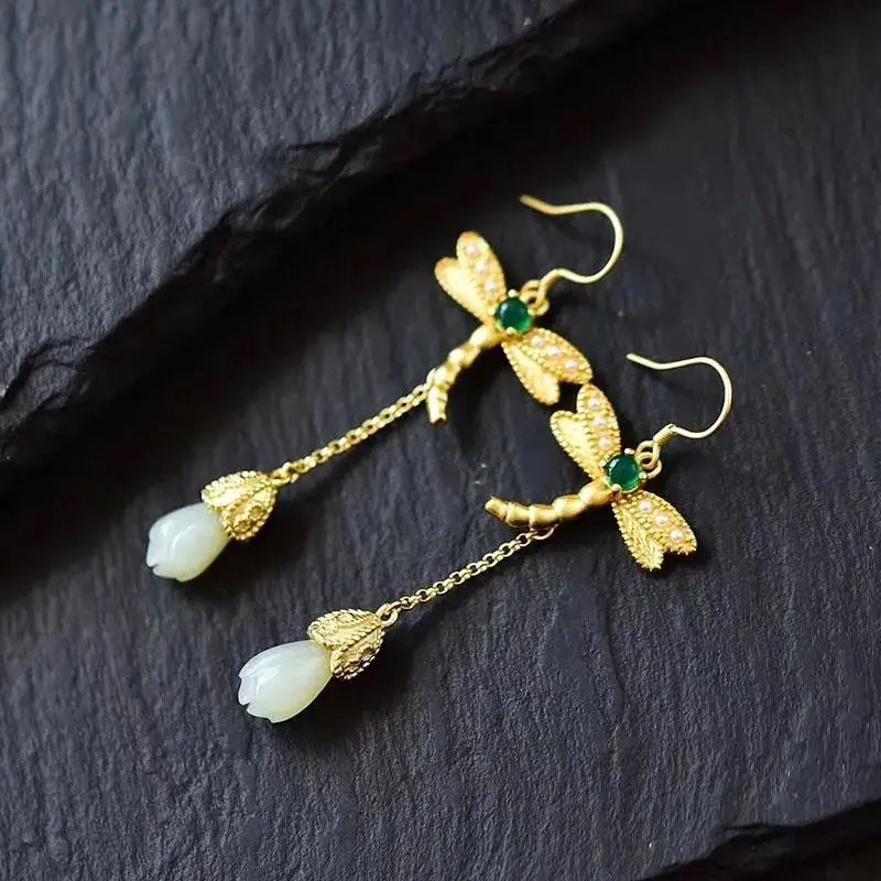 S925 Sterling Silver Inlaid Natural Hetian Jade Magnolia Dragonfly Earrings Female Elegant Jade White Eardrop Earrings