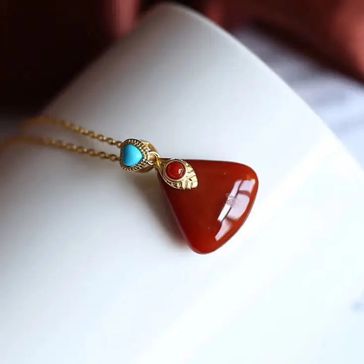 S925 Sterling Silver Inlaid South Red Geometric Pendant Natural Agate Jade Turquoise Pendant Necklace Clavicle Set Chain
