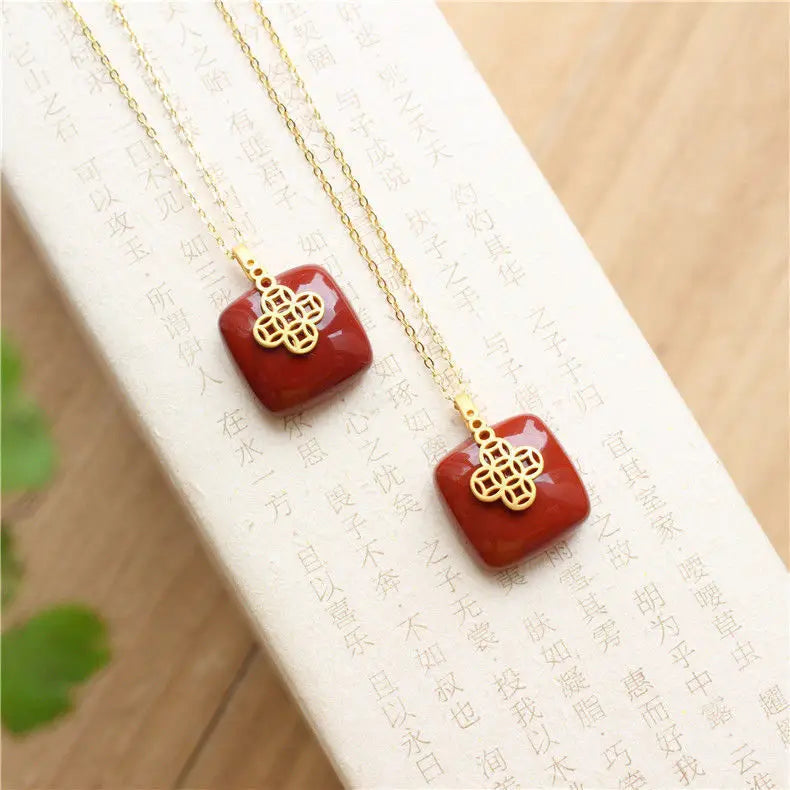 South Red Square Pendant Sterling Silver Gold-Plated Chinese Knot Agate Stone Geometric Pendant Palace Style Pendant