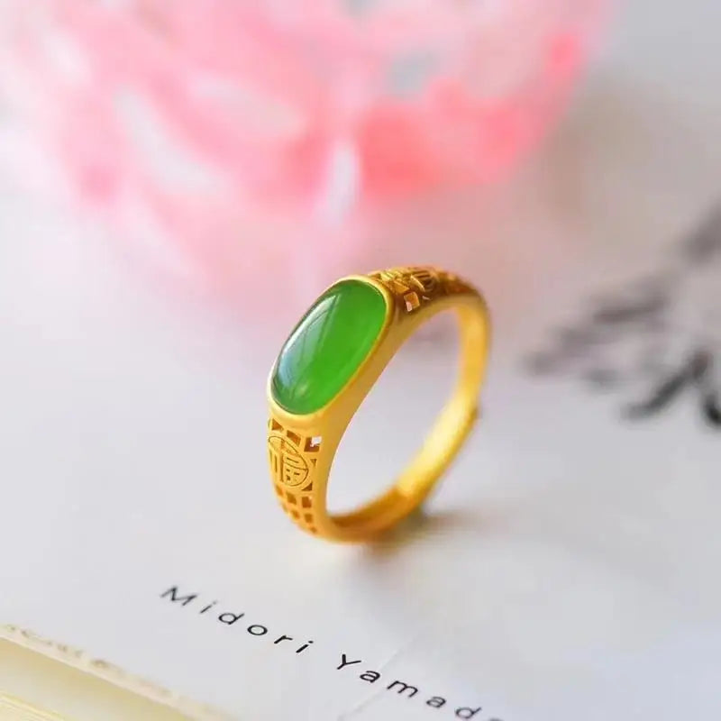 Natural Jasper Fu Character Saddle Ring S925 Sterling Silver Ancient Gold Craft Vintage Court Style Lasting Color Retention Gift