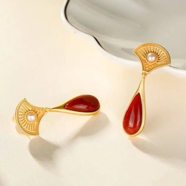 S925 Sterling Silver Natural South Red Agate Retro Easy Matching Fan-Shaped Pearl Earrings Earrings Earrings Earrings New Arriva