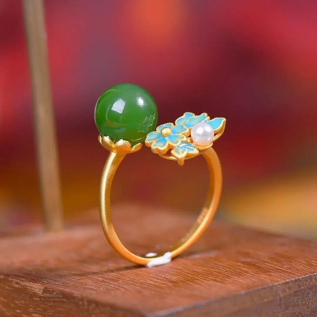 Natural Hetian Jade Green Jade Pearl Ring S925 Sterling Silver Ancient Gold Enamel Inlaid Exquisite Ancient Style Chinese Style