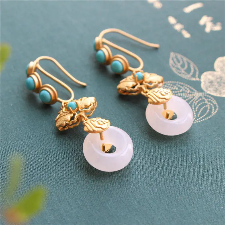 Natural Hetian White Jade Peace Buckle Eardrops Sterling Silver Gold Plated Turquoise Earrings Ethnic Style Graceful Earrings