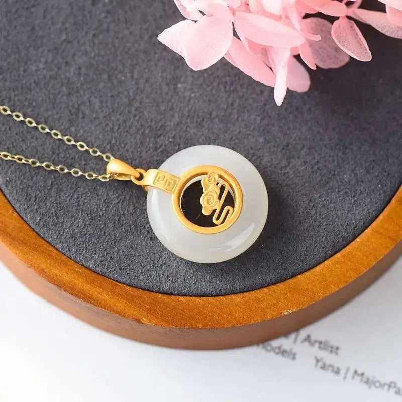 Natural Original Hetian White Jade Inlaid S925 Sterling Silver Ancient Style Thick Gold Peace Buckle Pendant Buckle Eyes Auspici