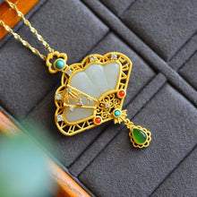 Load image into Gallery viewer, Hetian Jade White Jade Fan Pendant S925 Silver Plated Vintage Hollow Personality Women&#39;s Elegant Duobao Necklace Jade Pendant
