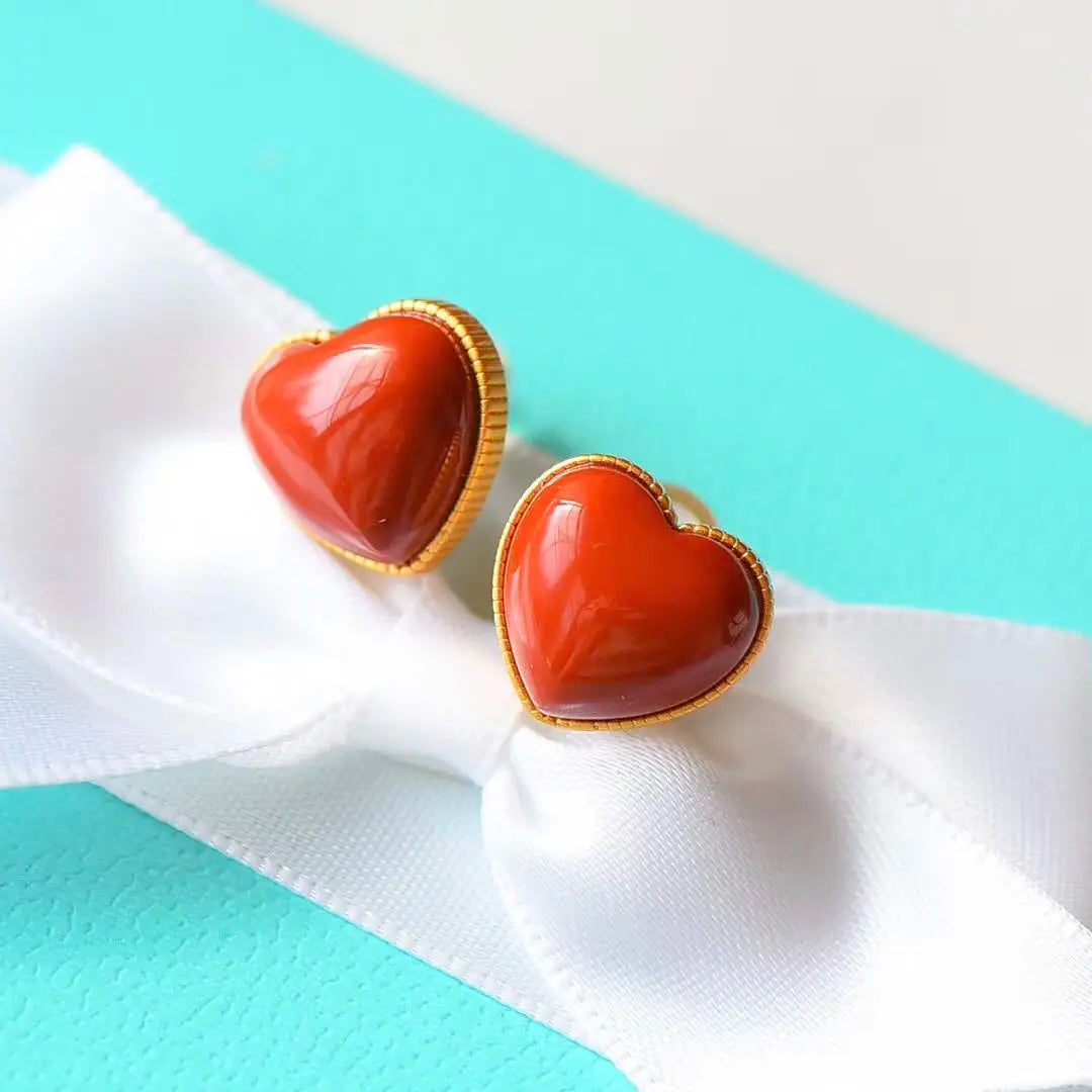 Natural South Red Agate Stud Earrings Female with Hearts S925 Sterling Silver Heart-to-Heart Print Earrings Personalized Eardrop