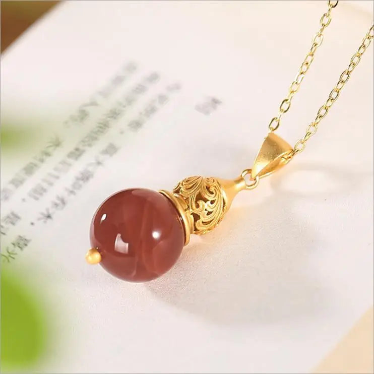 Natural South Red Calabash Pendent Sterling Silver Gold-Plated Hollow Pattern Agate Fu Lu Necklace Pendant Exquisite Fashion Sil