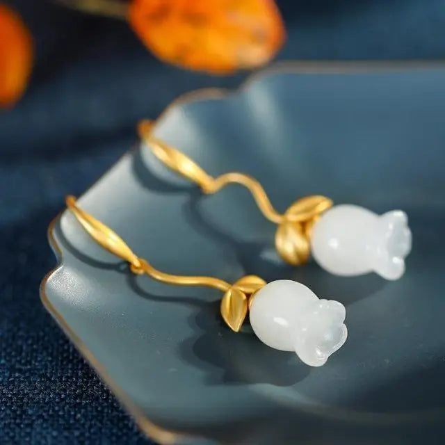 Hetian Jade S925 Sterling Silver Magnolia Eardrops Fresh and Retro Creative Flower Simple Elegant Earrings Jewelry Women