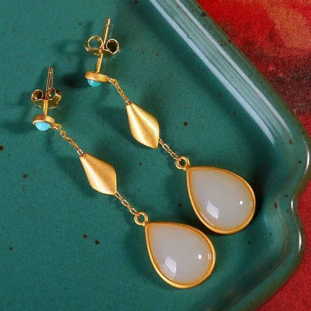 S925 Sterling Silver Long Retro Flower Drop-Shaped Natural Turquoise Ear Studs Magnolia Eardrops Women's Elegant Jewelry
