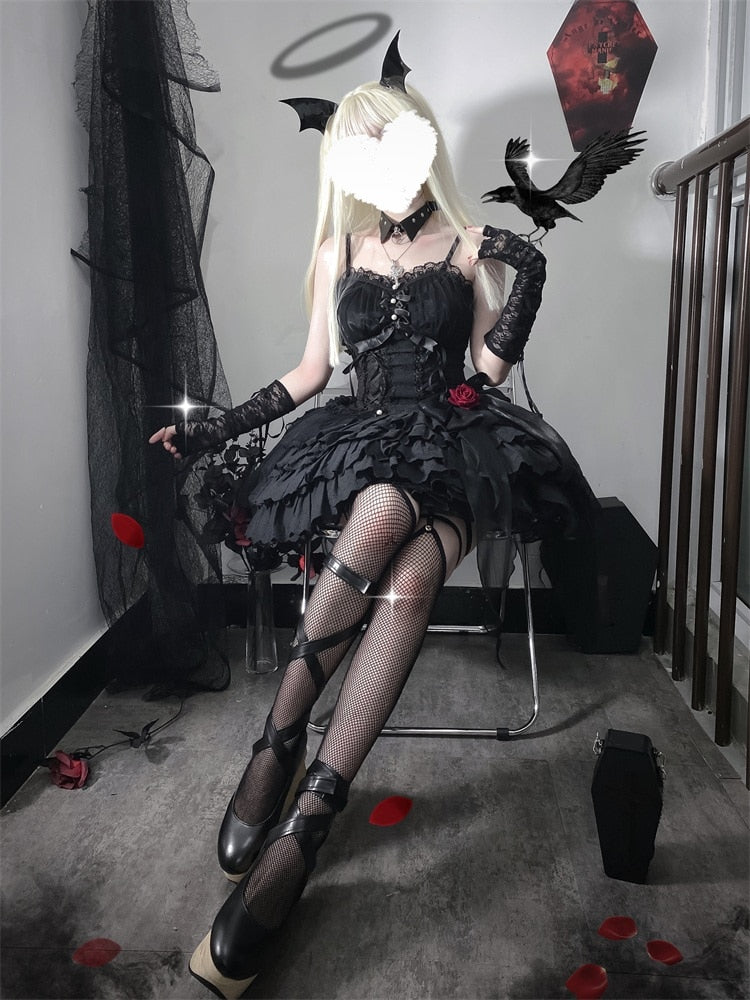 Gothic Lolita Jsk Dress Women Cute Bow Lace Rose