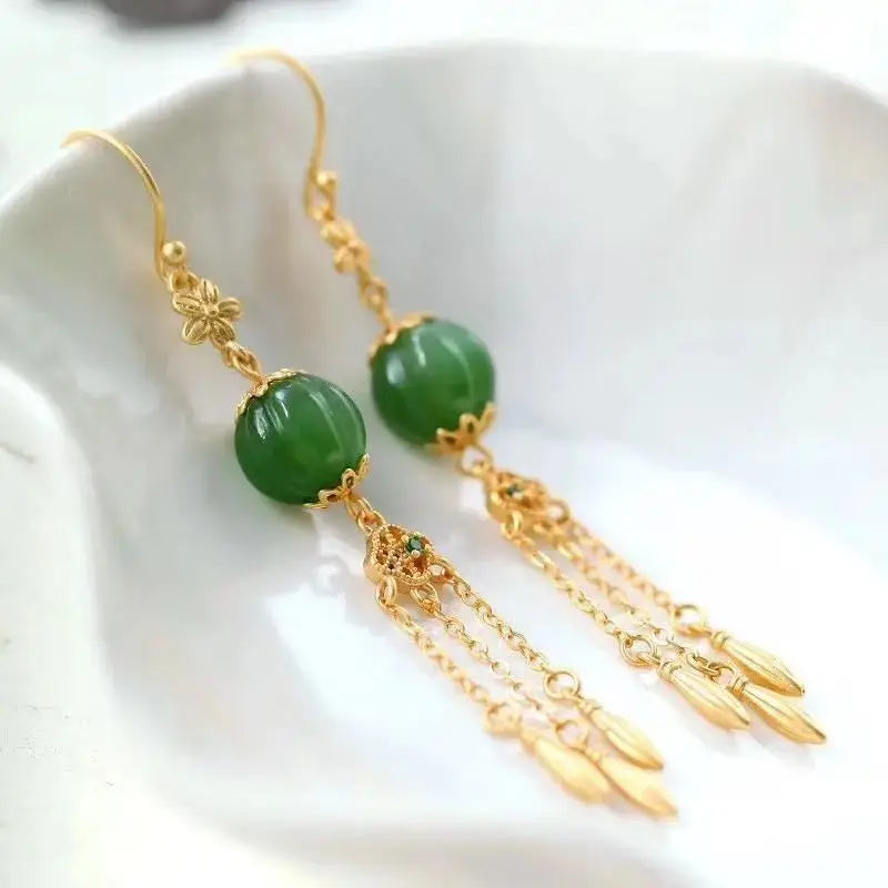 Antique Eardrops Long Fringe Earrings Natural Hetian Jade Green Jade Earrings Women's Temperamental Fairy Vintage Earrings Sterl