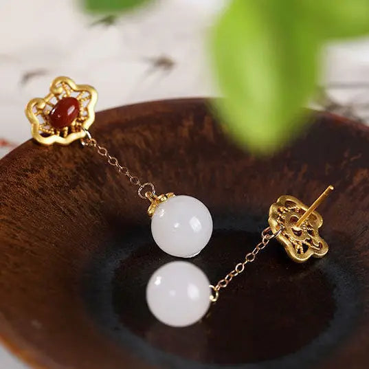 S925 Silver Natural Hetian White Jade Ball Bead Earrings Women's Long and Simple Ruyi Earrings Xiangyun Earrings Fashion