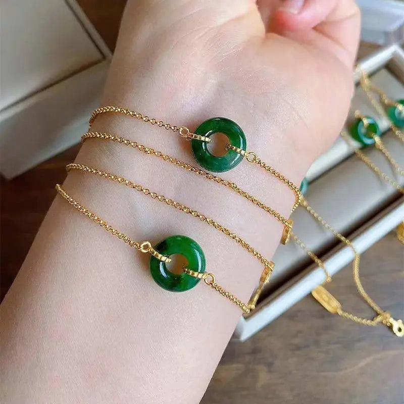 Jade Changle Women Hetian Retro Style S925 Sterling Silver Gilding Natural Emerald Safeness Ring Changle Women's Bracelet Orname