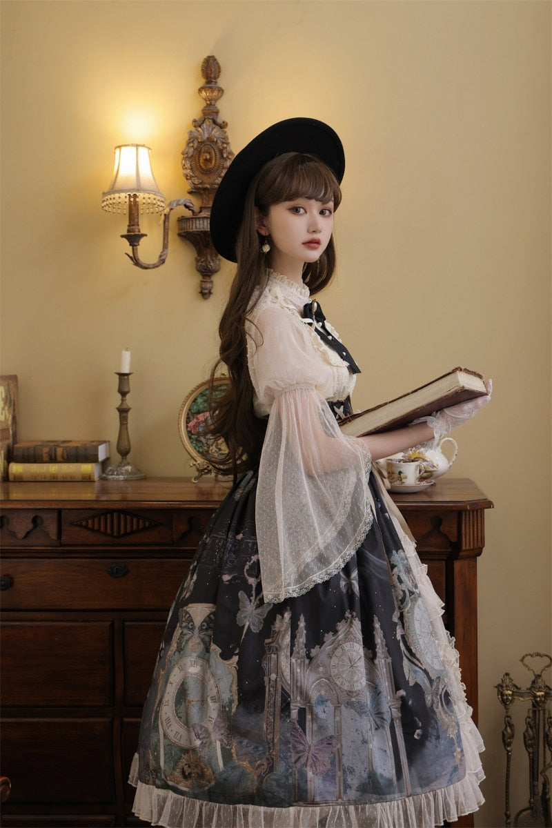 Victorian Gothic Lolita Dress Set Women Sweet Bow Lace Long Sleeve Shirts+Dark Print Skirt Suit Elegant Vintage Princess Sets