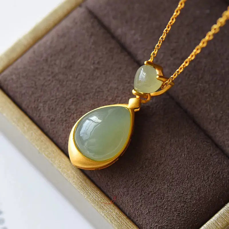 Natural Hotian Jade Pendant Necklace Female Water Drop Hetian Gray Jade Clavicle Chain Versatile Personality S925 Sterling Silve