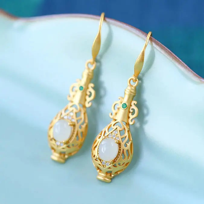 S925 Sterling Silver Natural Hetian Jade White Jade Vase Earrings Women's Ancient Style Chinese Style Fresh High-Grade Ornament