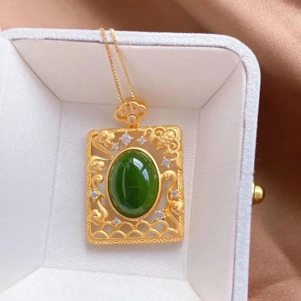 S925 Sterling Silver Jeweleries Gilding Natural Hetian Jade Green Jade Seiko Necklace Retro National Style Pendant Clavicle