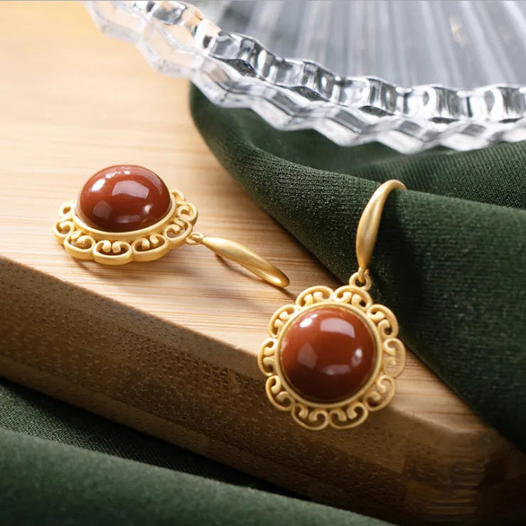 S925 Sterling Silver Earrings Gold High-Grade Natural South Red Agate Gemstone Elegant All-Matching Cool Fashion Women's Jewelry