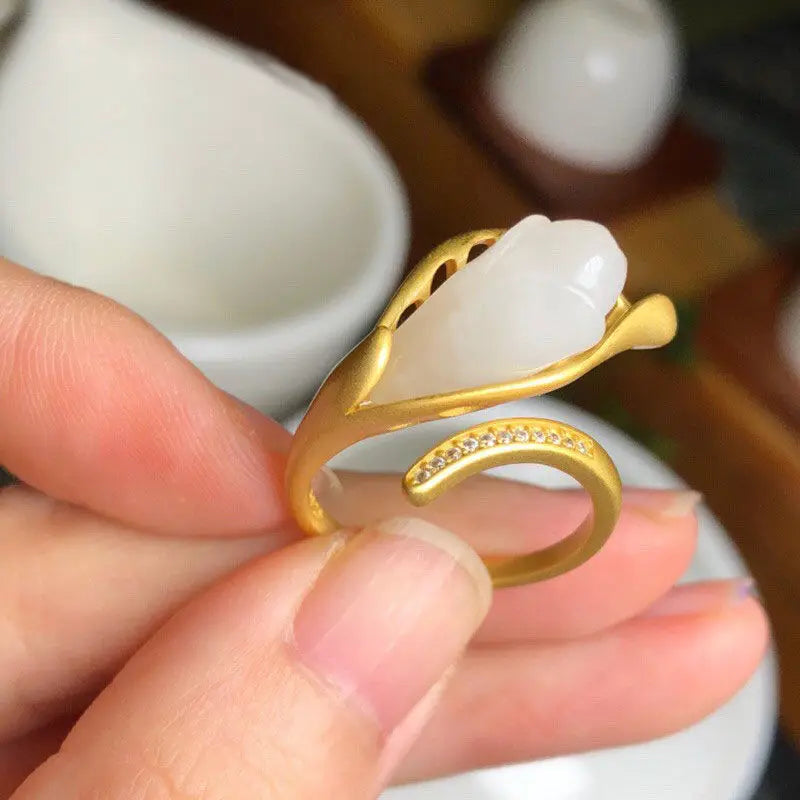 Jessy2019 New Pure Natural Hetian Jade Magnolia Ring S925 Sterling Silver Open Style Female Fresh and Elegant