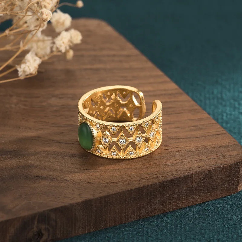 Chinese Style Elegant Ancient Style Gold-Plated Ring Palace Style Design Inlaid Chalcedony Ring Han Chinese Clothing Cheongsam