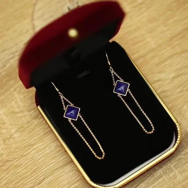S925 Sterling Silver Square Lapis Lazuli Earrings Natural Hetian Jade Blue Chalcedony Long Tassel Earrings Palace Ornament
