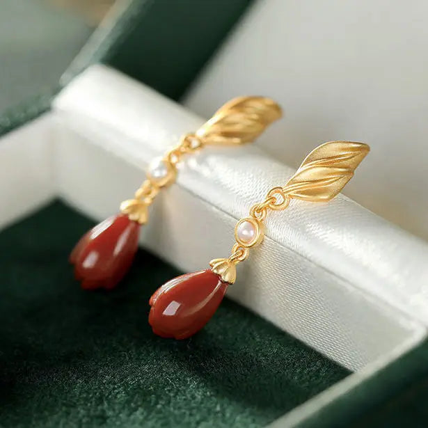 Old Fu Style 9999 Sterling Silver Natural South Red Agate Eardrops S925 Sterling Silver Gold Plated Magnolia Ancient Style