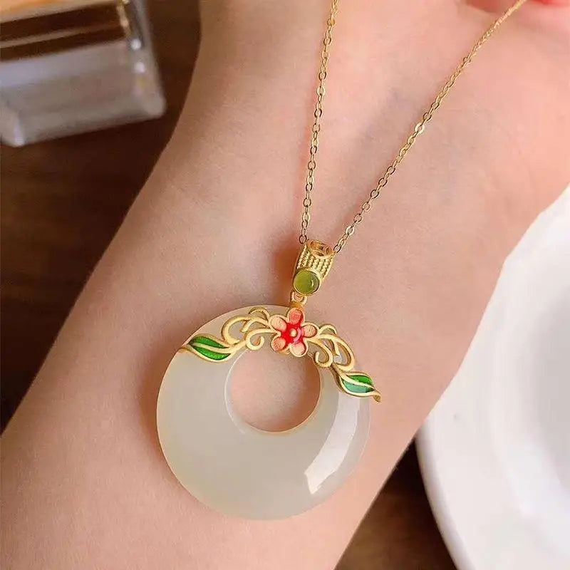 Peace Buckle Necklace Women's Antique Sterling Silver Gilding Enamel HANAFUJI Jade Pendant for Women to Give Mom Gift Jewelry