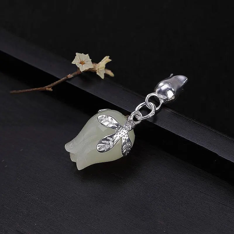 Natural Hetian Jade Orchid Pendant Inlaid S925 Sterling Silver White Gold Color White Magnolia Simple Clavicle Chain Pendant