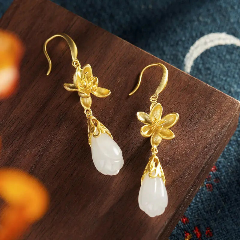 S925 Sterling Silver Gold Plated Natural Hetian White Jade Magnolia Plum Lotus Earrings High-Grade Ornament