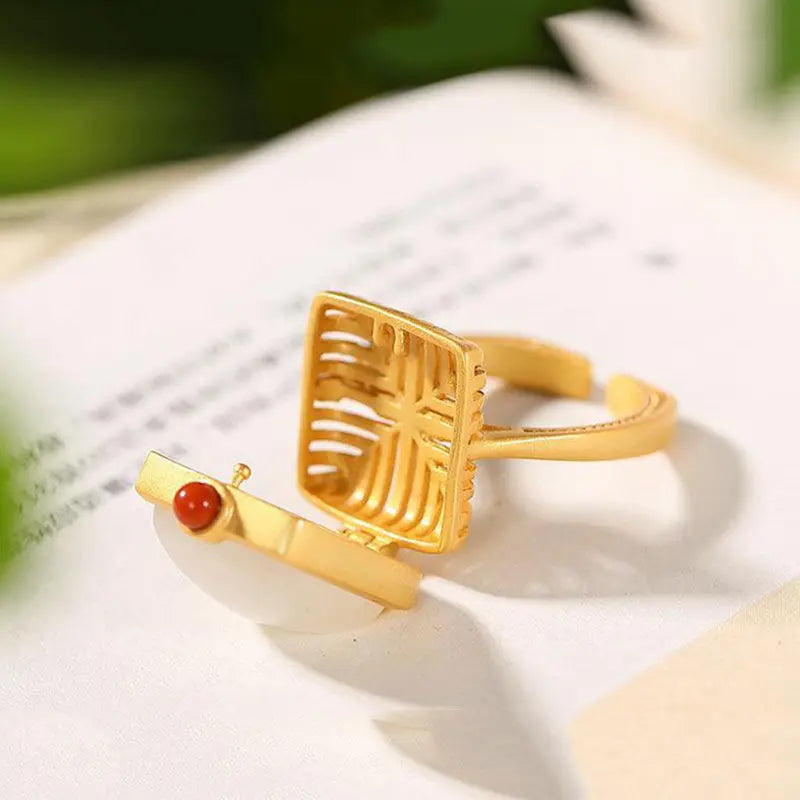 S925 Sterling Silver Inlaid Natural Hetian Jade Geometric Square South Red Embellished Simple Neutral Opening Ring Ring Women