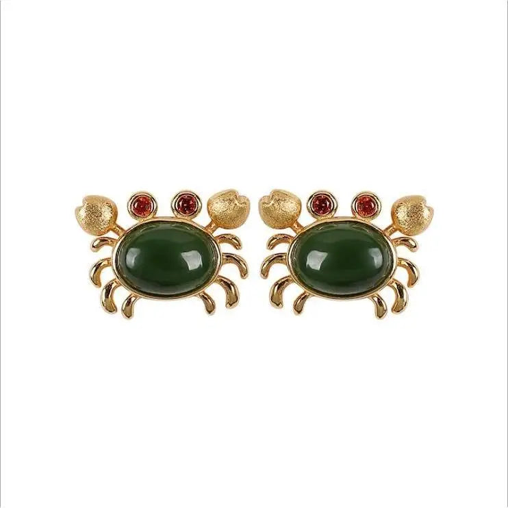 Pure Natural Jasper Crab Stud Earrings Silver Plated Cute Fashion Earrings Hetian Jade Unique Exquisite Earrings Silver Jewelry