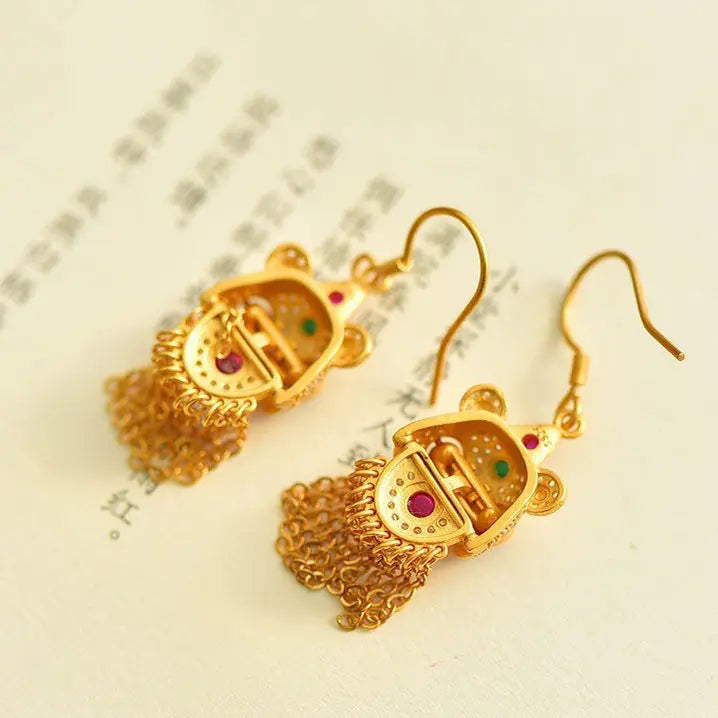 S925 Sterling Silver Lion Tassel Earrings Ancient Gold Plated Ethnic Style Earrings with Han Chinese Costume Tang Costume