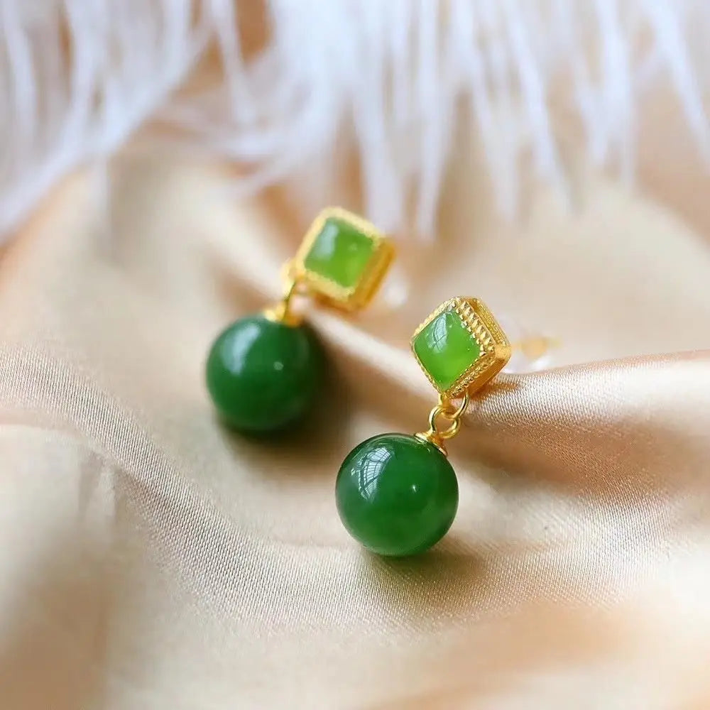Natural Hetian Jade Green Jade Eardrops S925 Sterling Silver round Beads Small Exquisite Super Fairy Graceful Earrings Simple