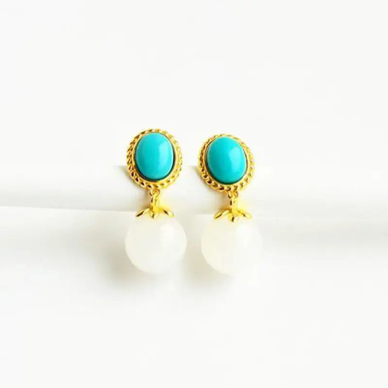 Raw Ore Natural Turquoise S925 Sterling Silver Lace Exquisite Hetian Jade White Jade Stud Earrings Elegant and Ethnic Style Simp