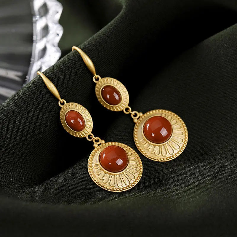 Natural Hetian Jade round Earrings S925 Sterling Silver Southern Red Agate Earrings Women's Simple Graceful and Fashionable Eleg