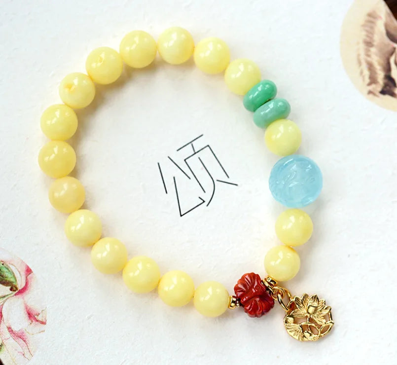 Natural Beeswax Bracelet South Red Aquamarine Bracelet Female 925 Silver Thick Gold Plated Anti-Allergy