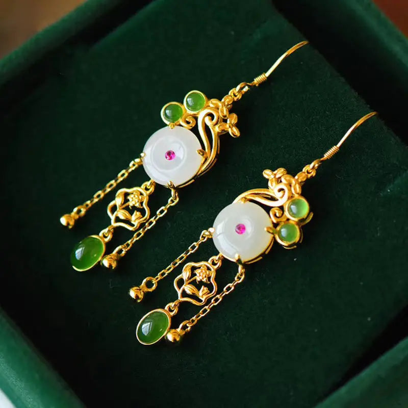 Classical Chinese Style Hetian Jade Safety Buckle Earrings Sterling Silver Jasper Tassel Earrings Fairy Retro Super Fairy Earrin