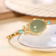 Load image into Gallery viewer, S925 Sterling Silver Gold-Plated Natural Hetian Jade Gray Jade Bracelet Turquoise Vintage Court Style Ladies Brace Lace Bracelet
