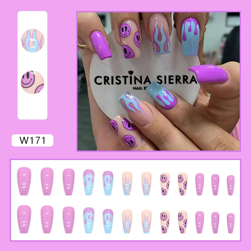 24P Removable Ballerina Press On Nail Art Long Round Head Fake Nails Full Cover Artificial Wearing Reusable False Nails Finished