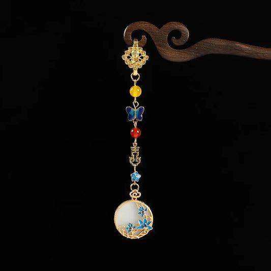 Copper-Plated Gold Inlaid Imitation Hetian Jade Chinese Style Cheongsam Garment Front Decorative Button Pendant Flower Tassel