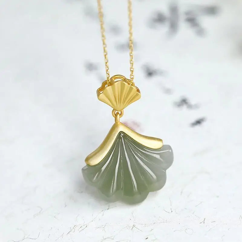 Natural Hetian Jade Gray Jade Pendant Shell Fan-Shaped Apricot Leaf Pendant Necklace S925 Sterling Silver Retro Simple Jewelry
