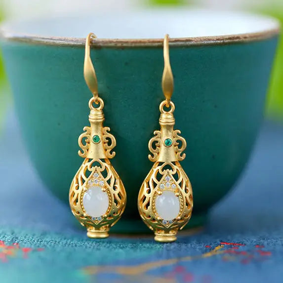 S925 Sterling Silver Natural Hetian Jade White Jade Vase Earrings Women's Ancient Style Chinese Style Fresh High-Grade Ornament