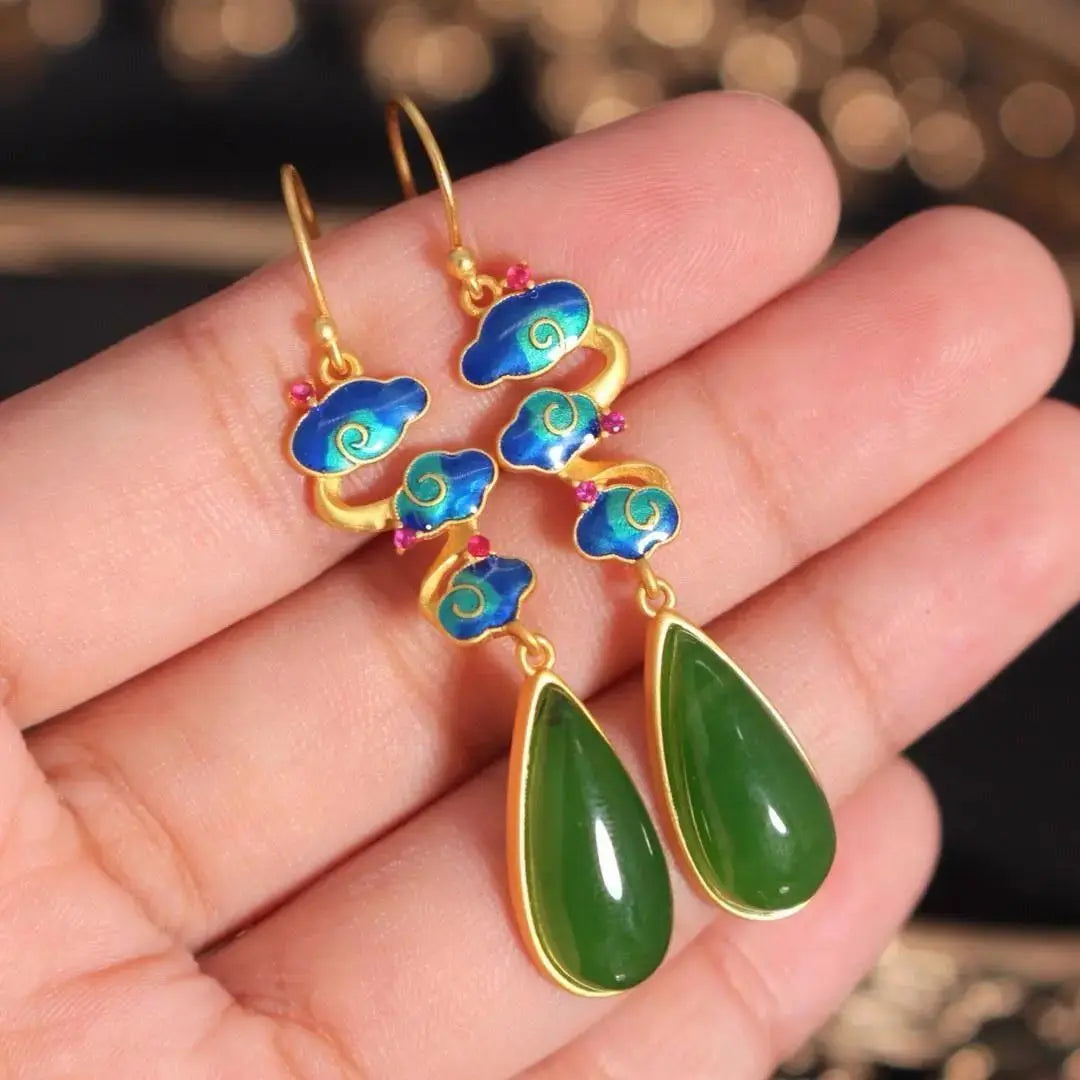 Vintage Earrings Classical Chinese Style Jasper Eardrops Fairy Mori Style Super Fairy Sterling Silver Earrings Green Water Drop