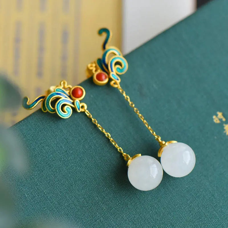 S925 Sterling Silver Antique Eardrops Chinese Style Super Fairy Court Style Natural Hetian Jade Earrings Retro Ethnic Style