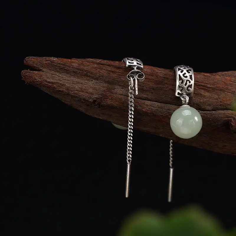 {Lotus Mud Tang} S925 Sterling Silver Inlaid Natural Hetian Jade White Jade round Beads Classical Warm Vintage Earrings Earrings