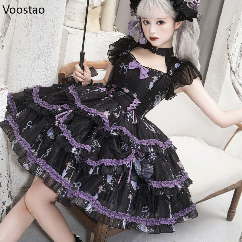 Vintage Gothic Y2k Lolita OP Dress Victorian Harajuku Girls Bow Print Ruffles Punk Tiered Dress Women Kawaii Puffy Party Dresses
