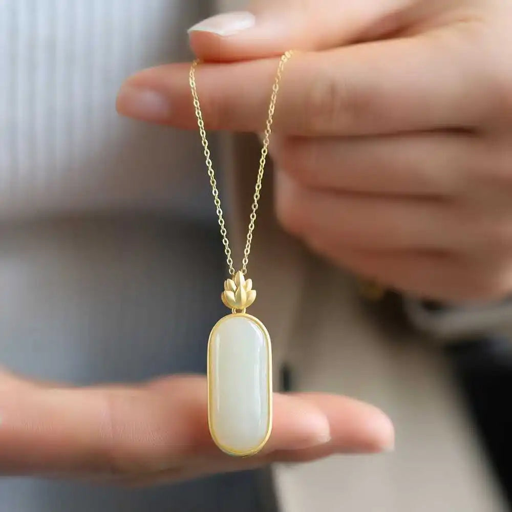 Natural Hetian Jade White Jade Egg Noodles Lotus Pendant S925 Sterling Silver Ancient Silver Frosted Gold Inlaid Craft Necklace
